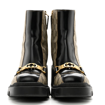 Gucci GG Supreme Monogram Magnum Calfskin Interlocking G Womens Lug Sole Ankle Boots 39.5 Beige Ebony Black 2 of 11