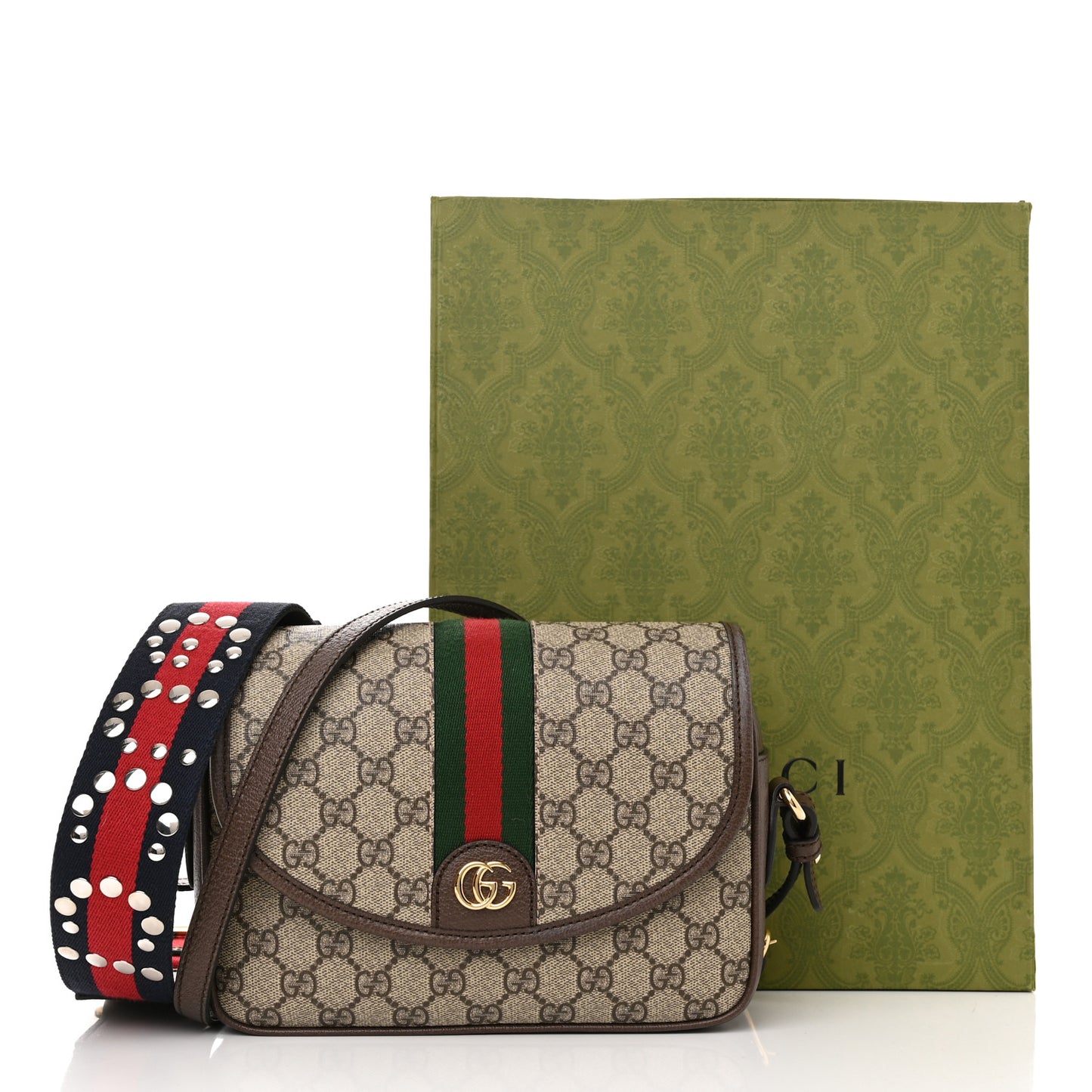 GG Supreme Monogram Textured Dollar Calfskin Web Studded Mini Ophidia Flap Shoulder Bag Beige Ebony New Acero