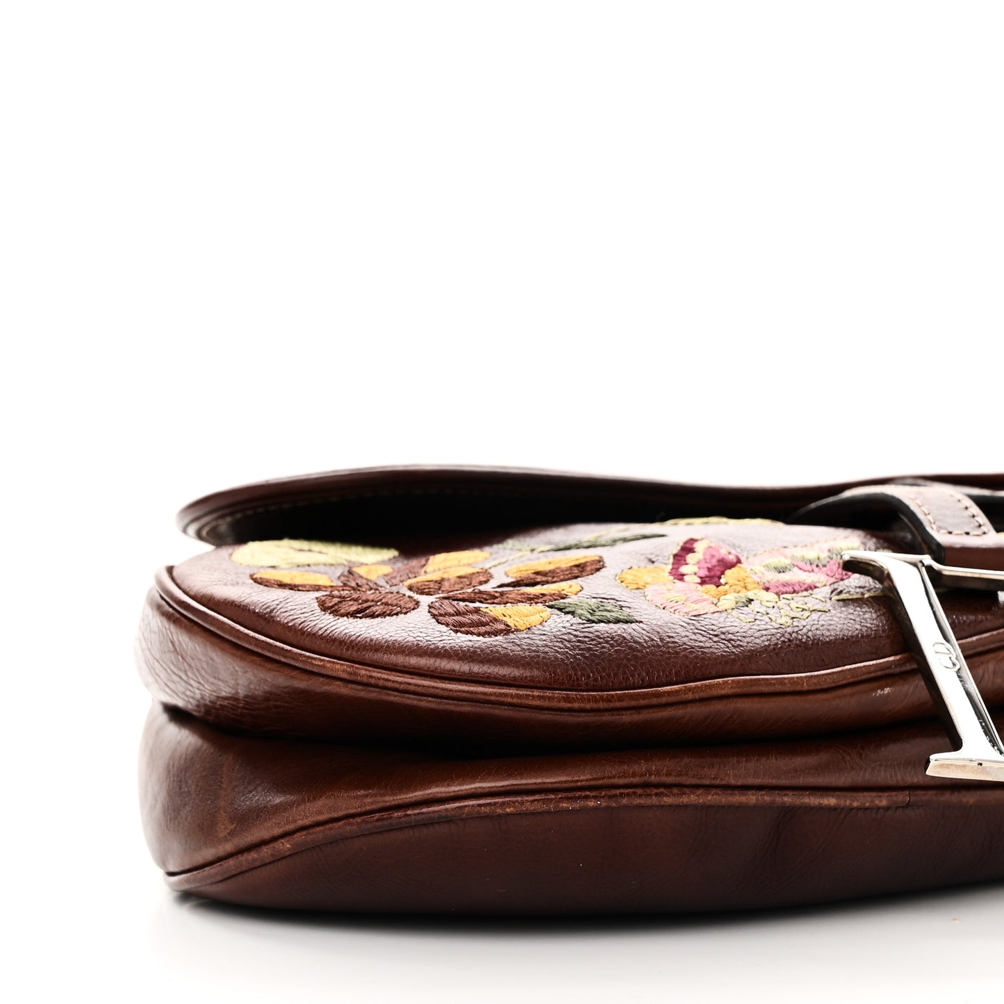 Calfskin Embroidered Romantic Flowers Saddle Bag Brown