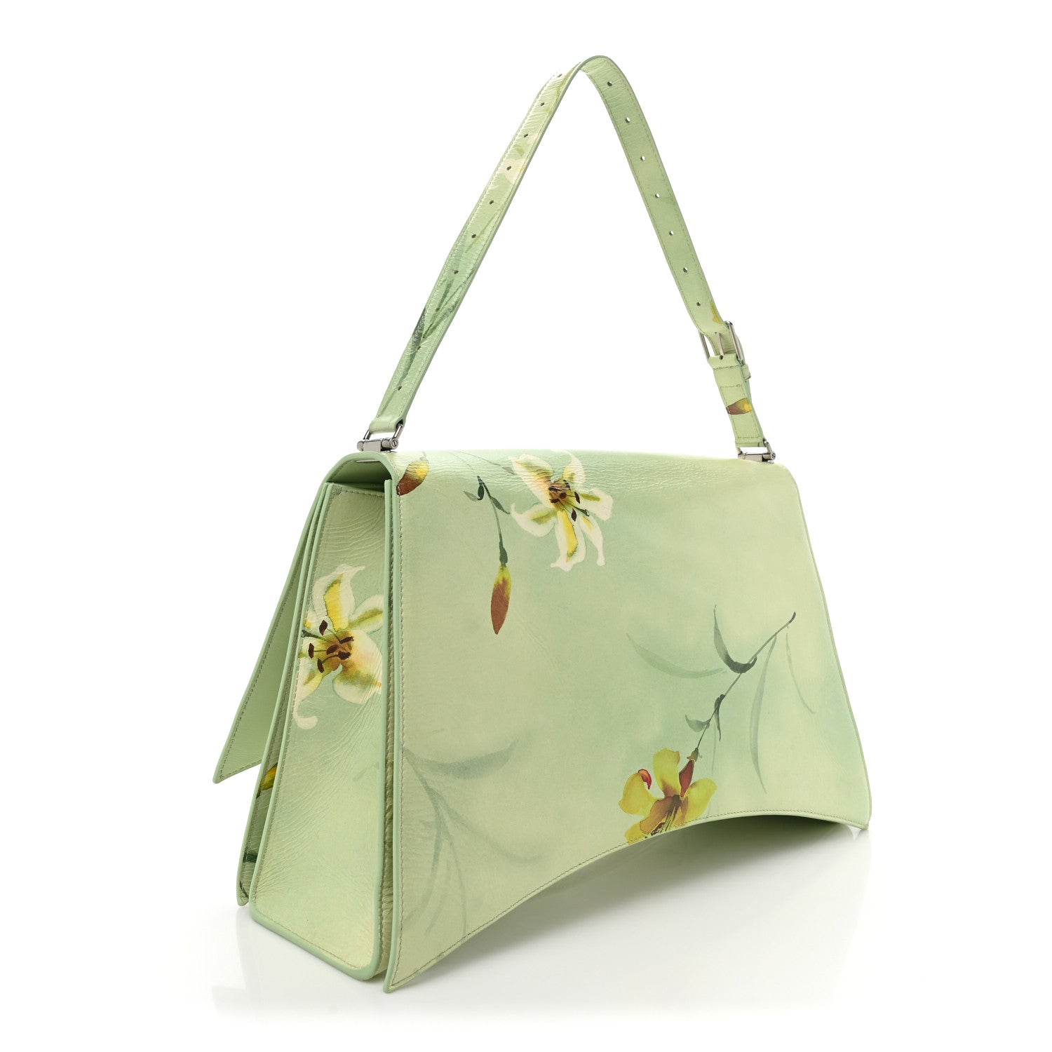 Balenciaga Shiny Paper Calfskin Floral Printed Large Crush Sling Bag Green 3 of 17