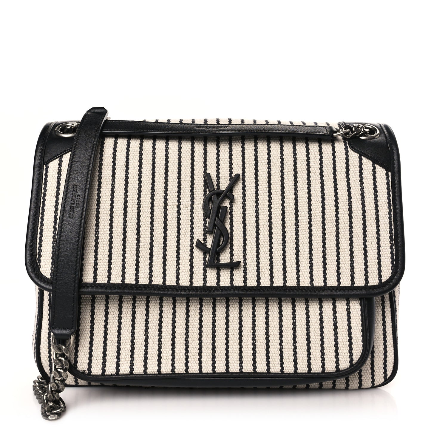 Cotton Canvas Striped Vintage Calfskin Monogram Medium Niki Chain Satchel Beige Black