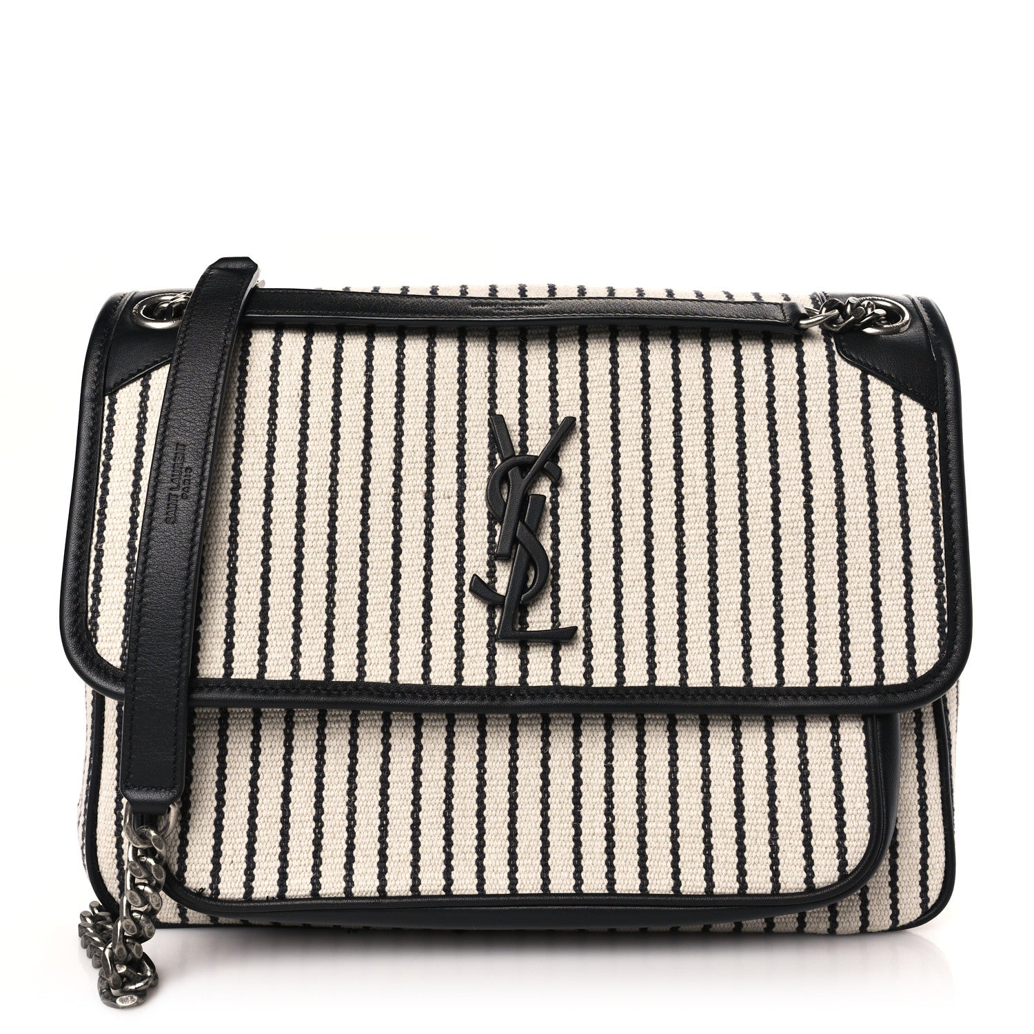 Saint Laurent Cotton Canvas Striped Vintage Calfskin Monogram Medium Niki Chain Satchel Beige Black 1 of 8