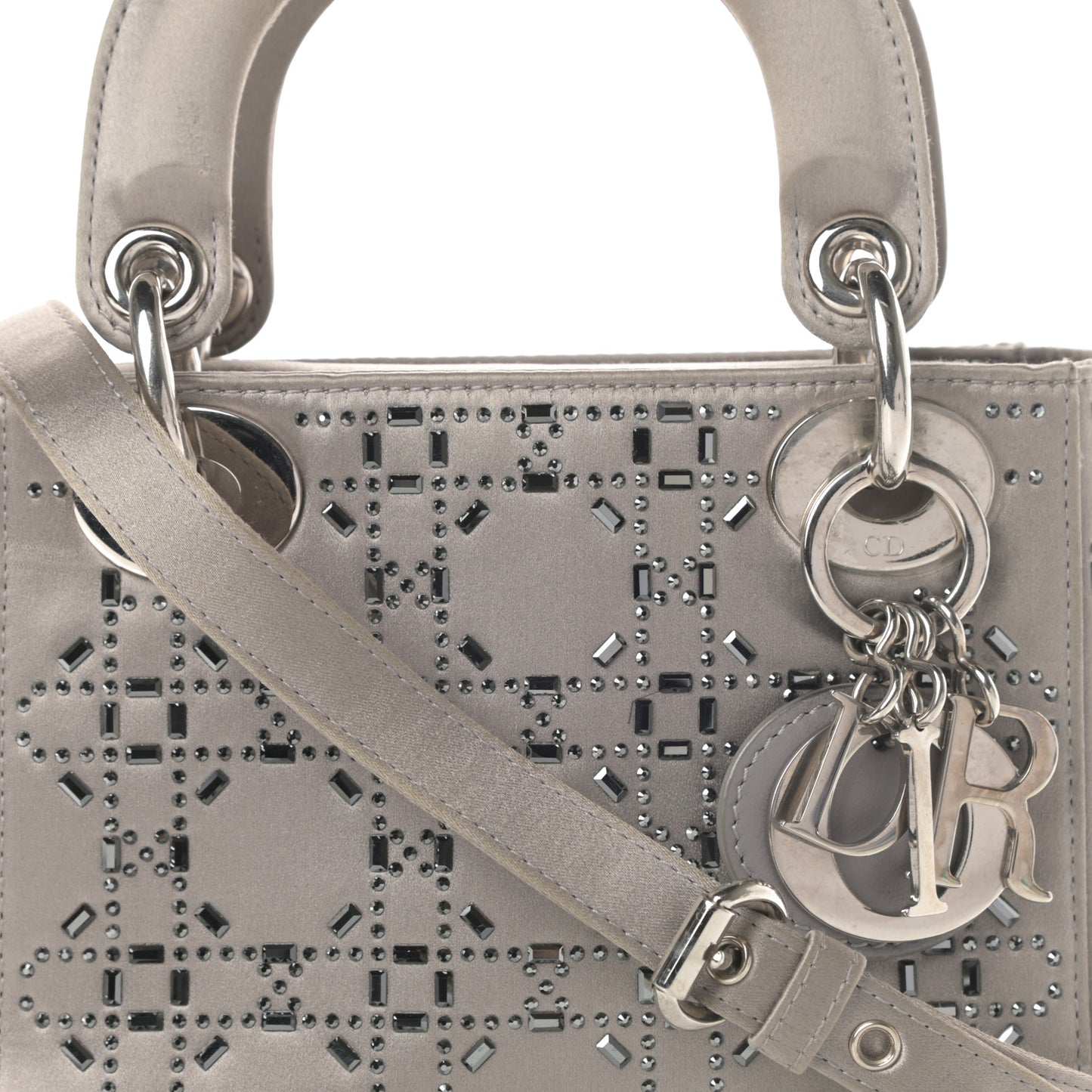 Satin Crystal Cannage Mini Lady Dior Gray
