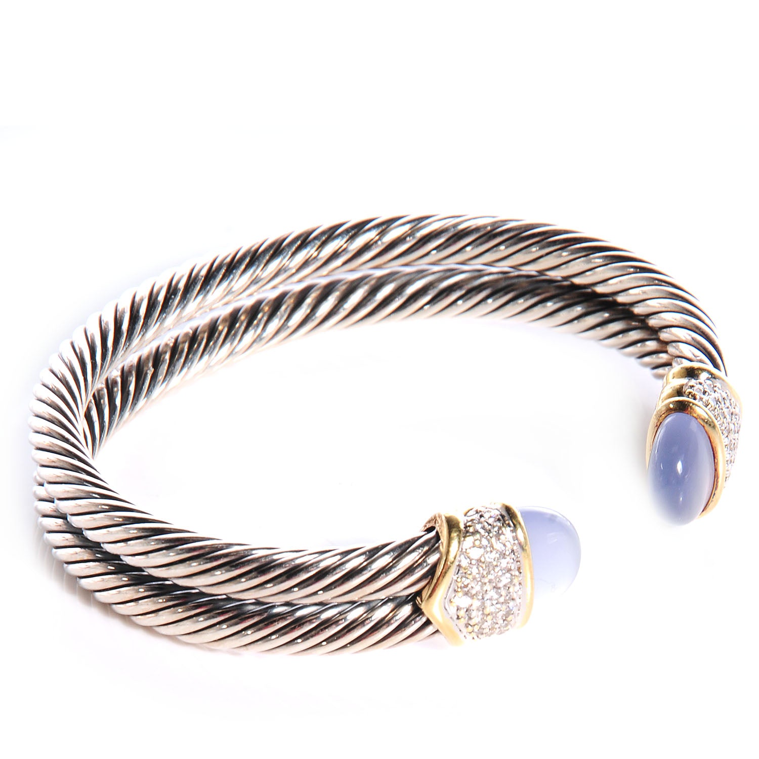 David Yurman Sterling Silver and 18k Gold Diamond Blue Chalcedony Double Cuff 3 of 6