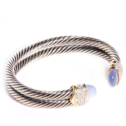 David Yurman Sterling Silver and 18k Gold Diamond Blue Chalcedony Double Cuff 3 of 6