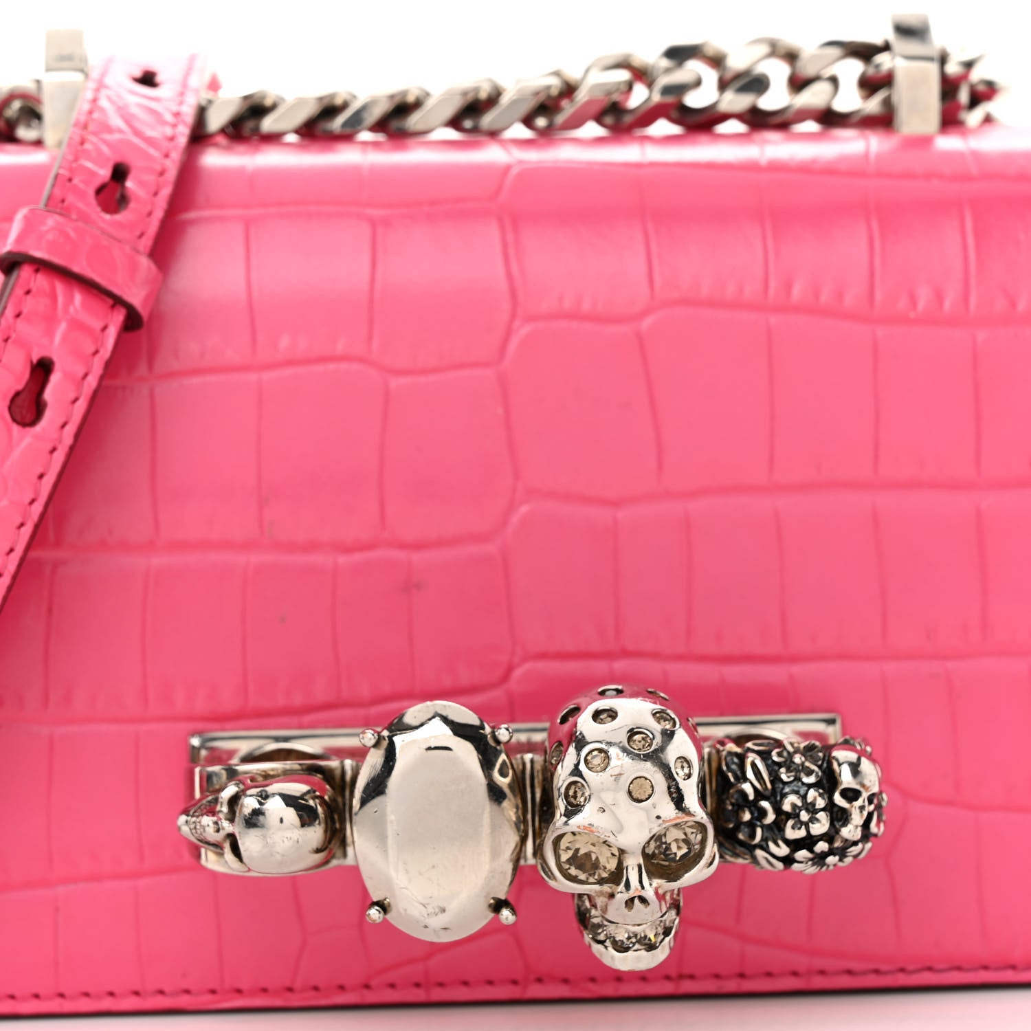 Alexander McQueen Calfskin Crocodile Embossed Knuckle Shoulder Bag Peony Pink 8 of 12