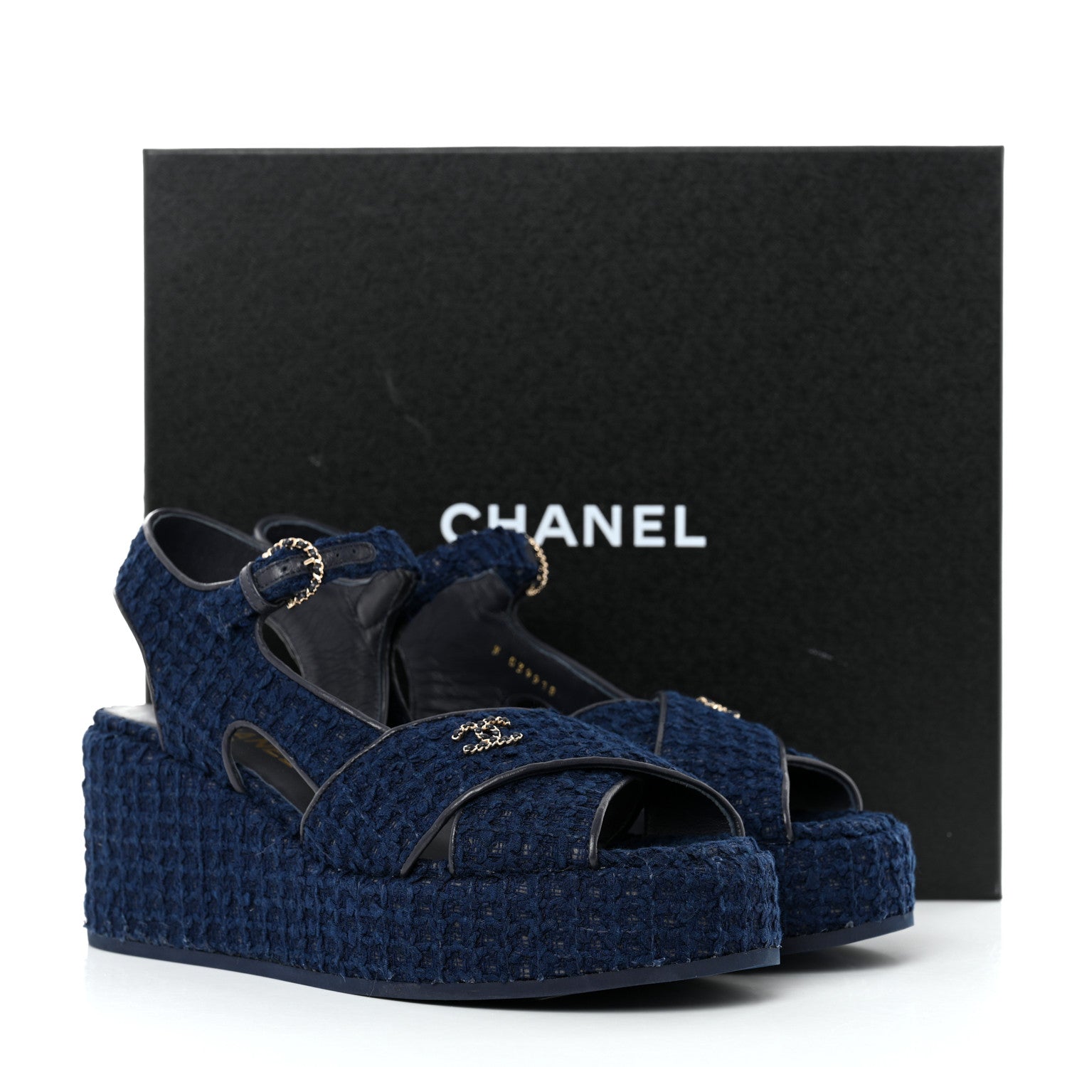 Chanel Cotton Tweed Quilted CC Platform Sandals 40 Blue 9 of 9