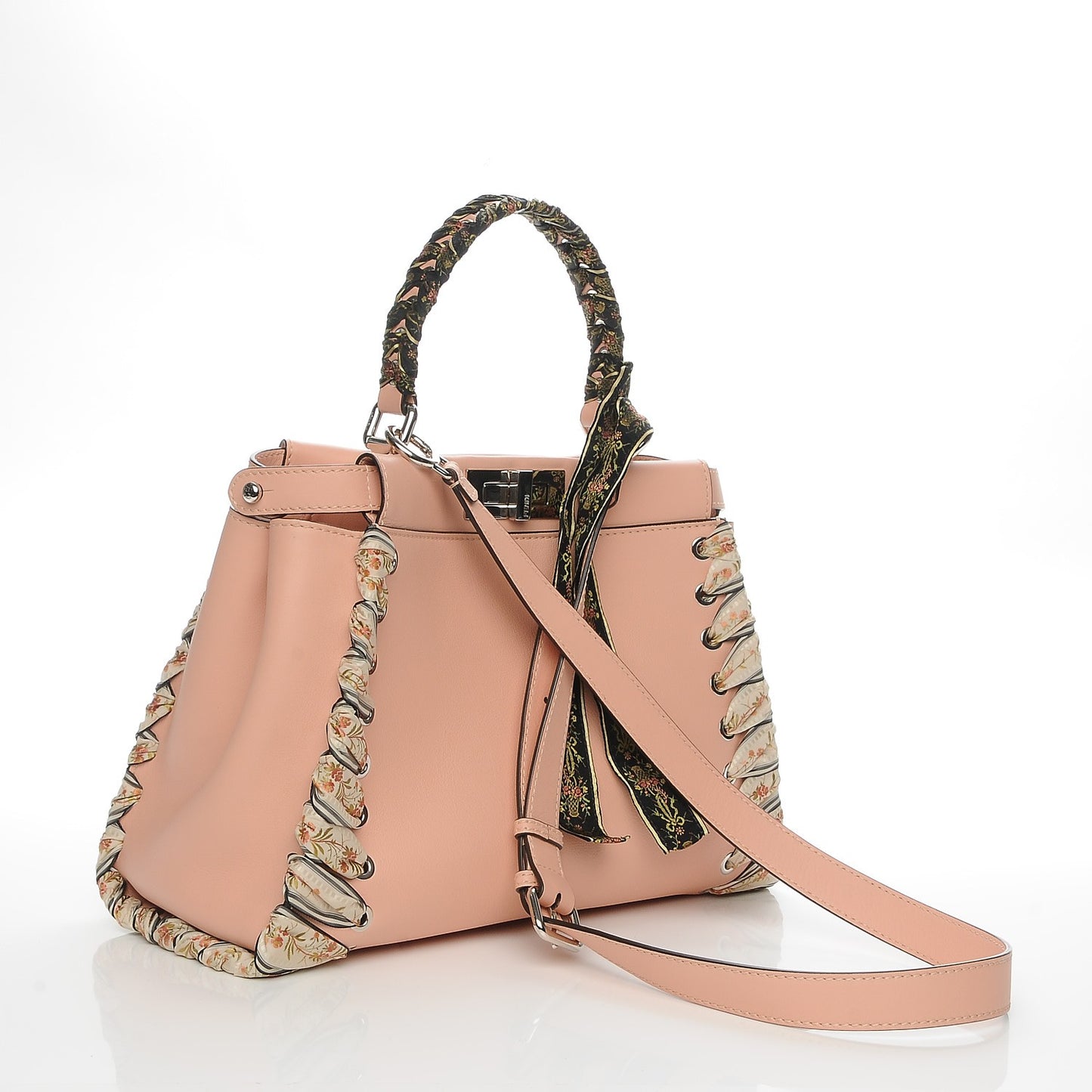 Vitello Seta Shiny Nappa Ribbon Lace Up Floral Medium Peekaboo Iconic Satchel Baby Pink Multicolor