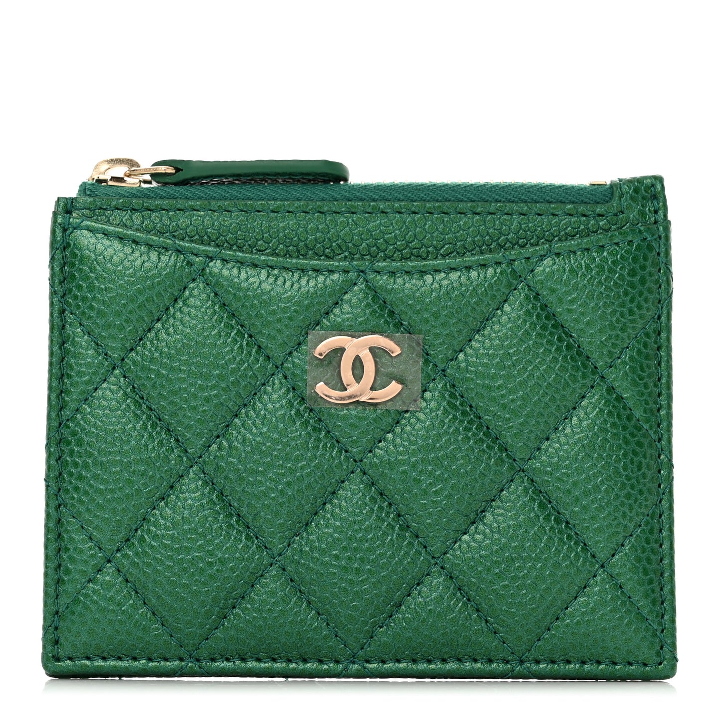 Metallic Caviar Quilted CC Zip Card Holder Green