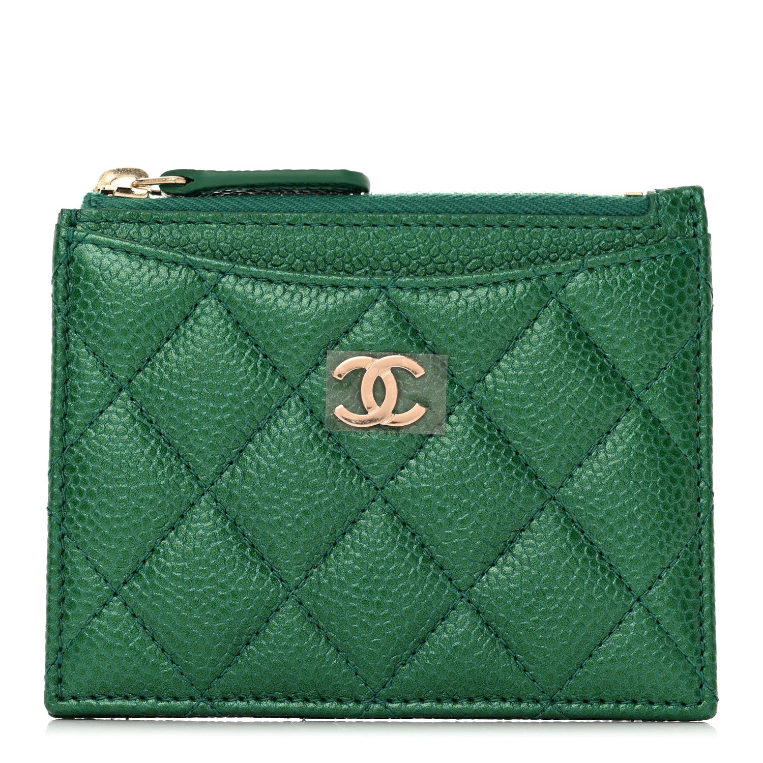 Chanel Metallic Caviar Quilted CC Zip Card Holder Green 1 of 7