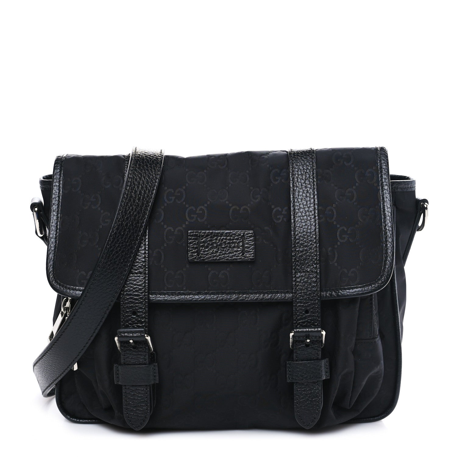 Gucci Nylon Monogram Double Buckle Flap Messenger Bag Black 1 of 9