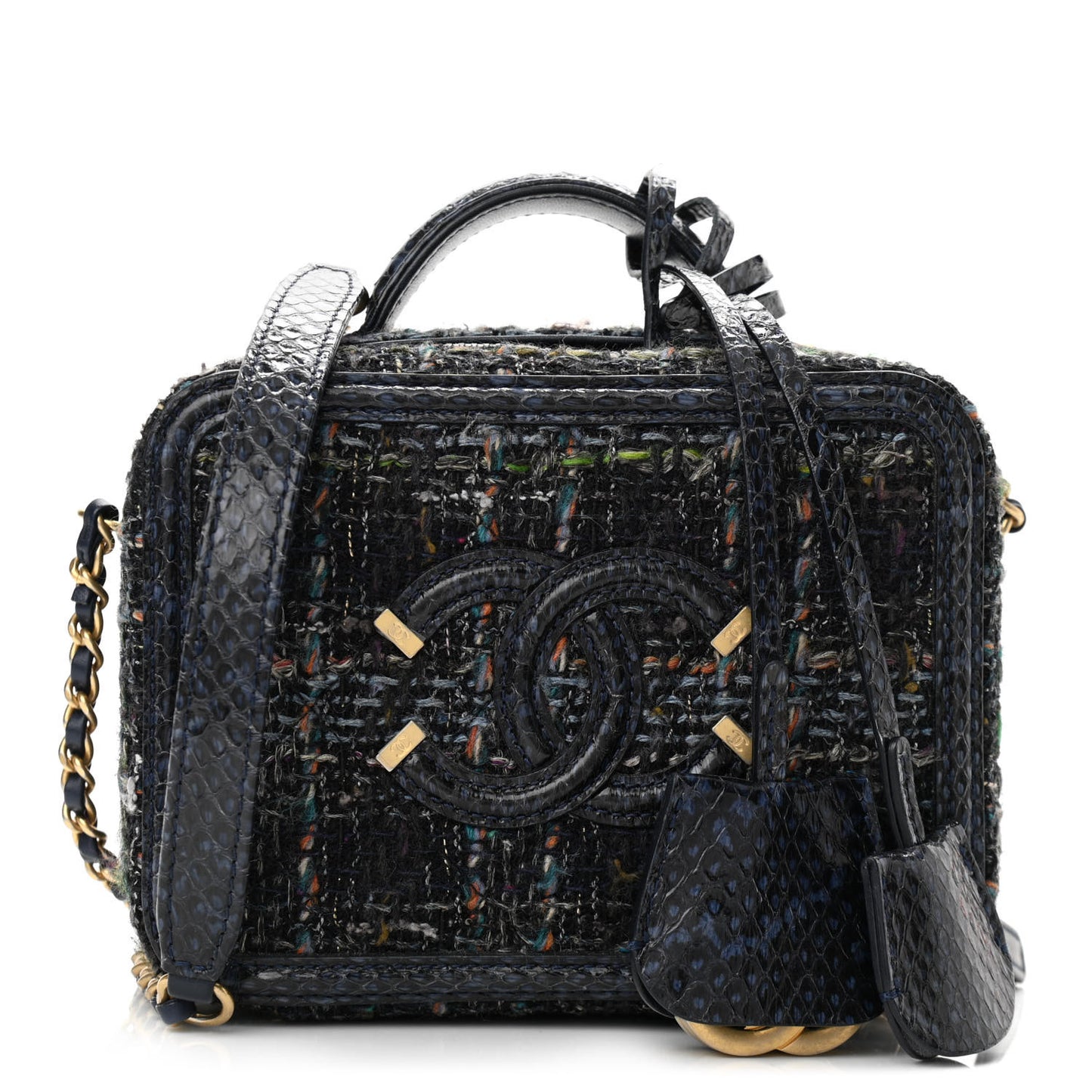 Tweed Snakeskin Quilted Small CC Filigree Vanity Case Navy Multicolor