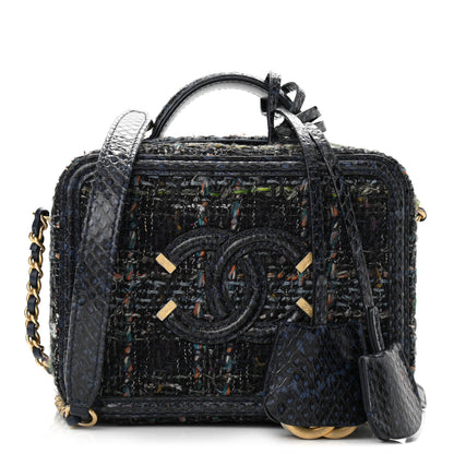 Chanel Tweed Snakeskin Quilted Small CC Filigree Vanity Case Navy Multicolor 1 of 10
