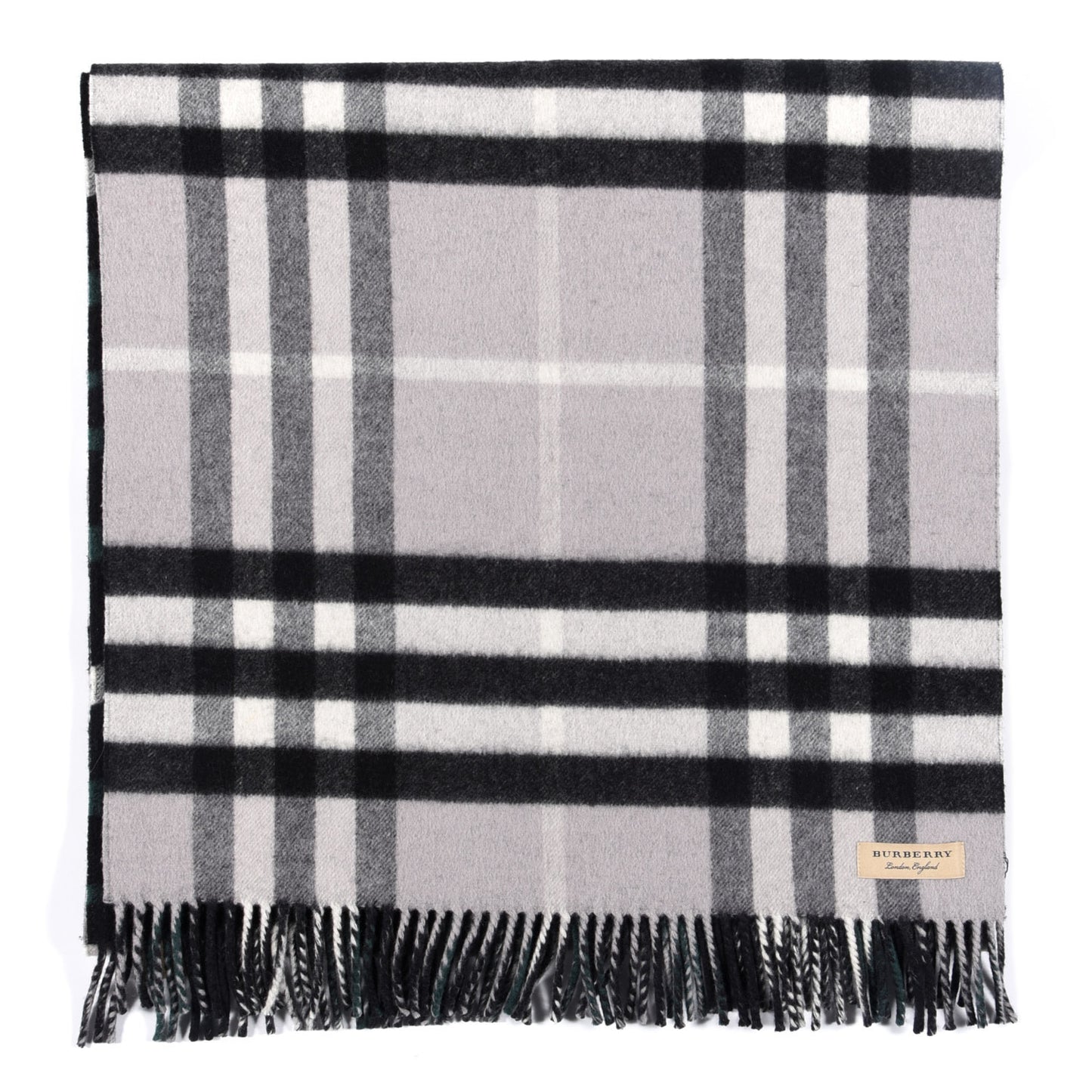 Wool Cashmere Check Striped Fringe Scarf Grey