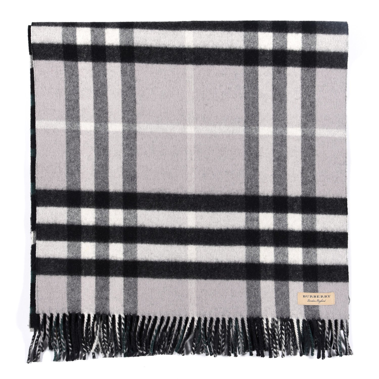 Burberry Wool Cashmere Check Striped Fringe Scarf Grey 2 of 5