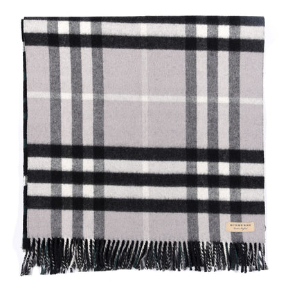 Burberry Wool Cashmere Check Striped Fringe Scarf Grey 2 of 5