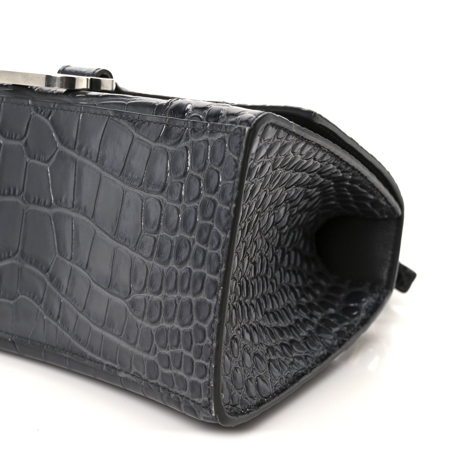 Shiny Calfskin Crocodile Embossed Small Hourglass Top Handle Bag Dark Grey