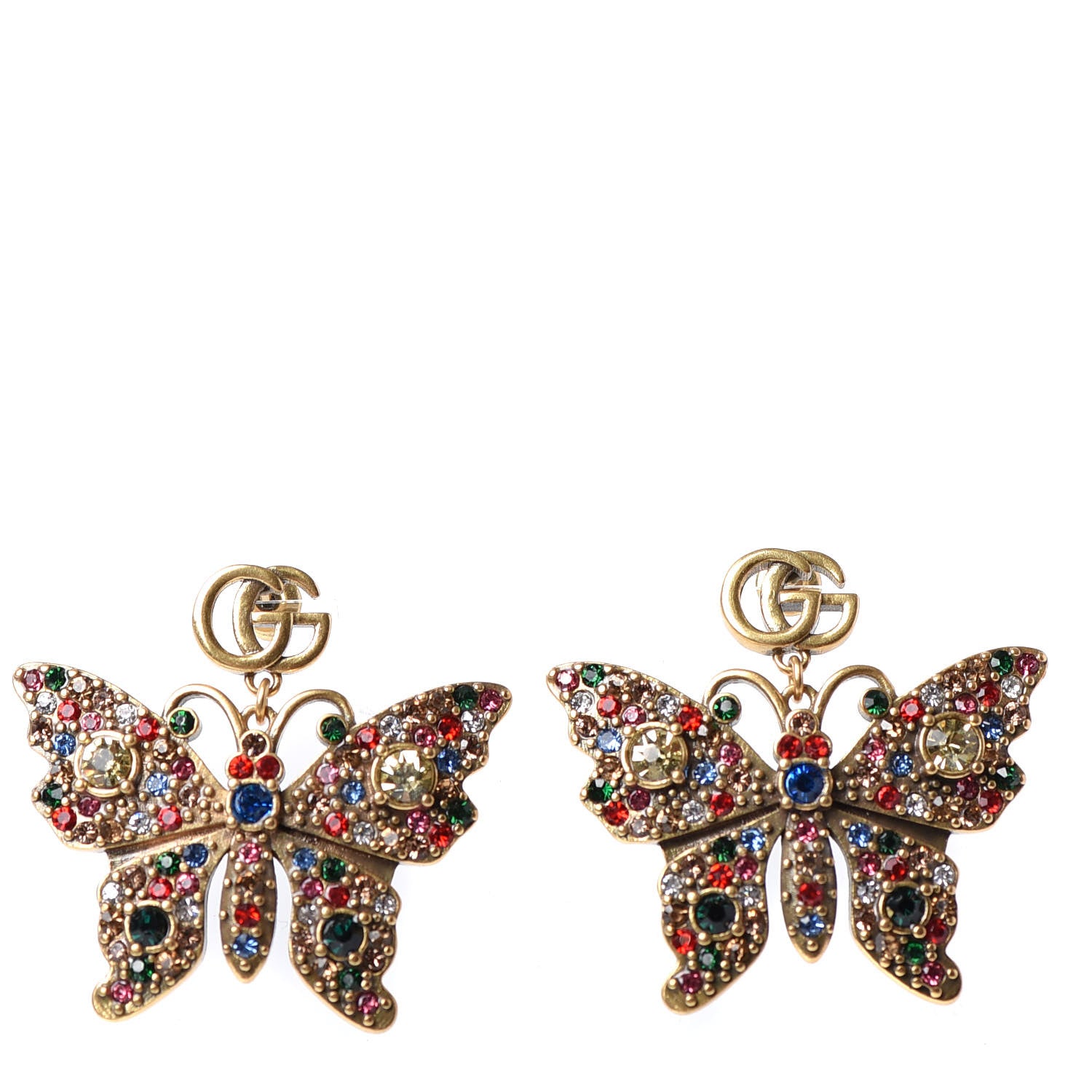Gucci Metal Crystal Butterfly Earrings Aged Gold Multicolor 1 of 4