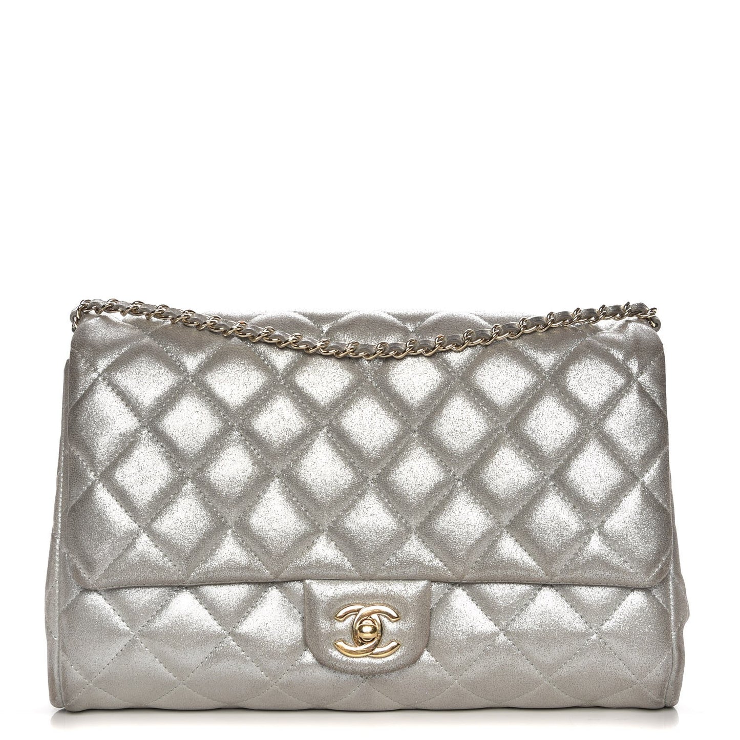 Iridescent Calfskin Clutch With Chain Flap Silver
