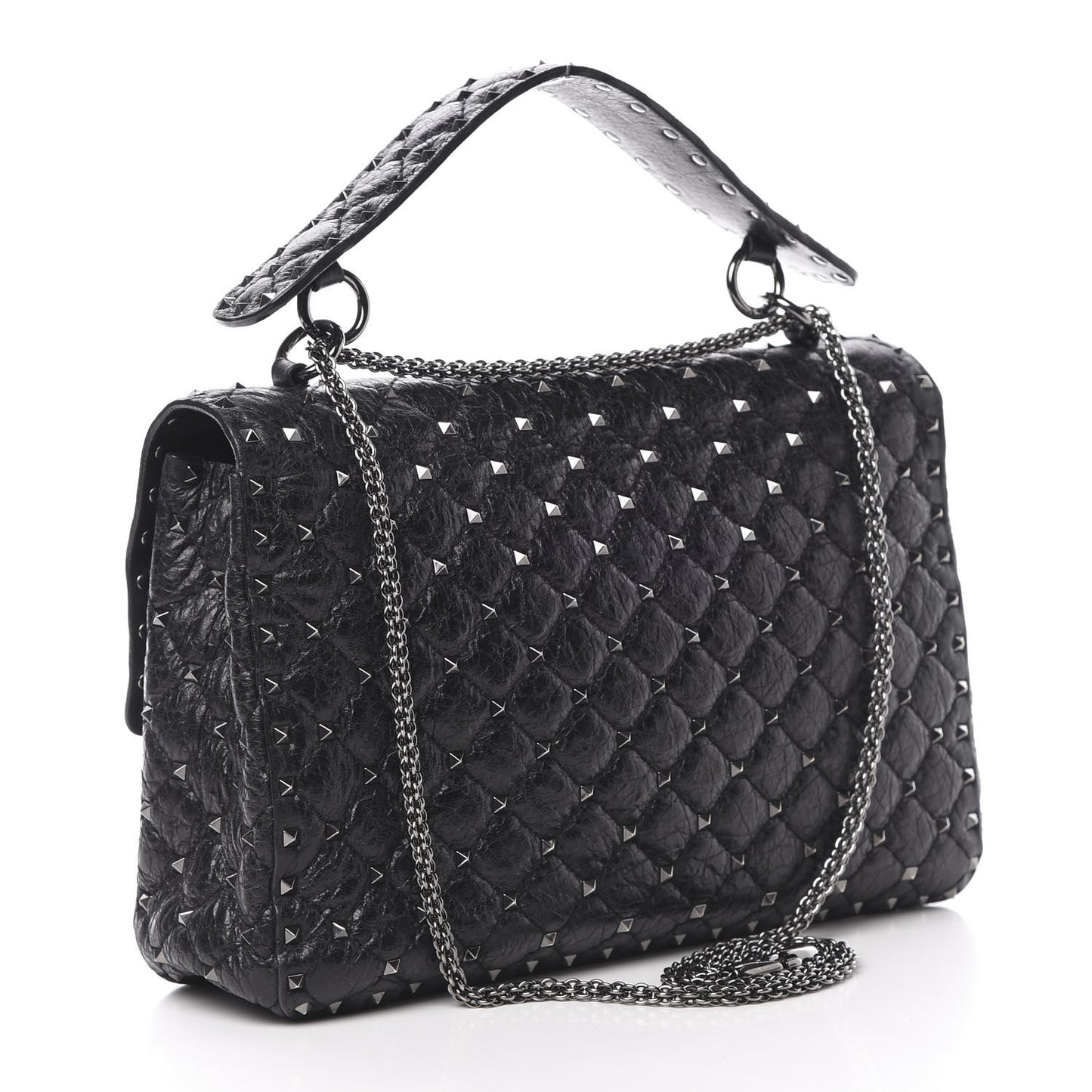 Craquele Nappa Large Rockstud Spike Shoulder Bag Black