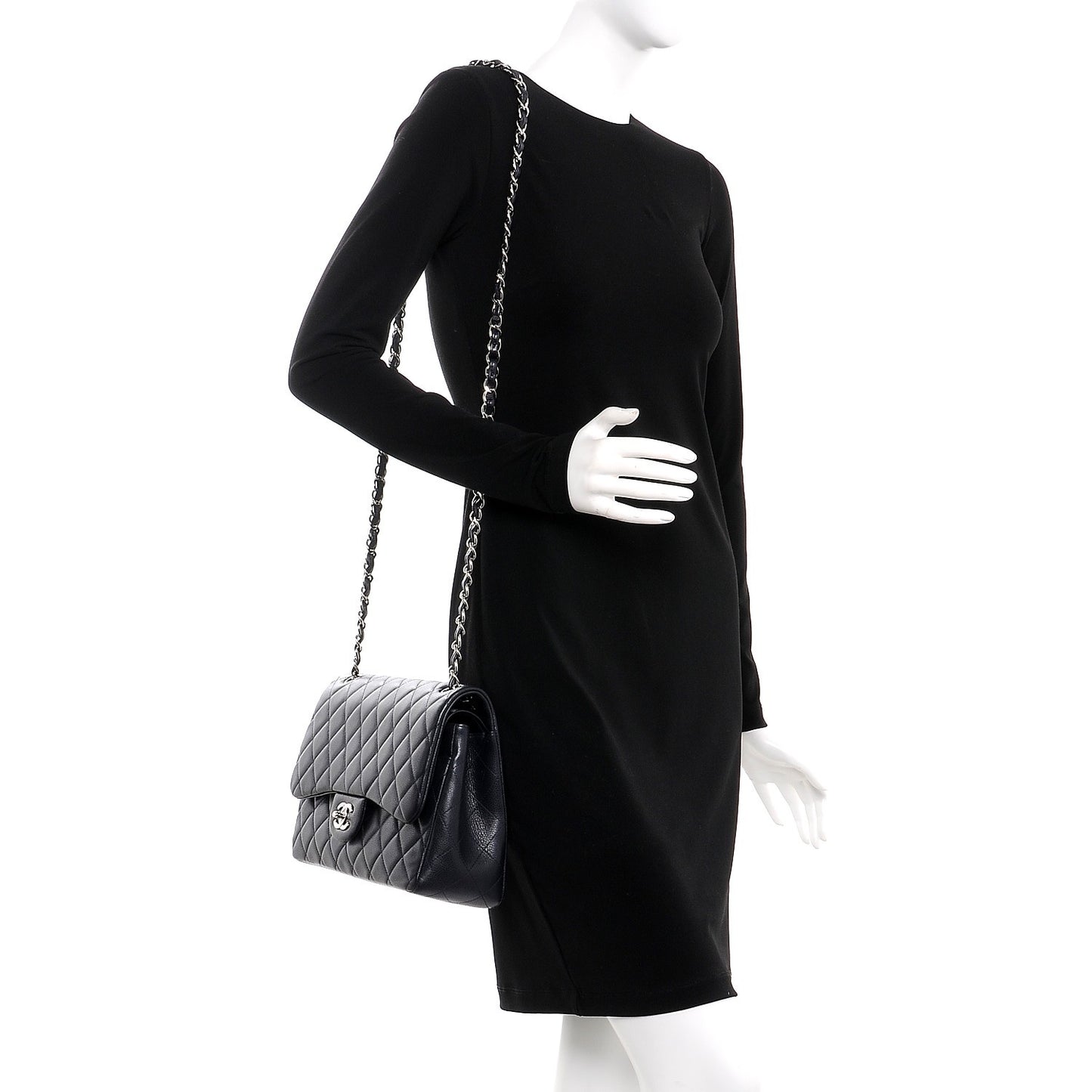 Caviar Quilted Jumbo Double Flap Navy Blue