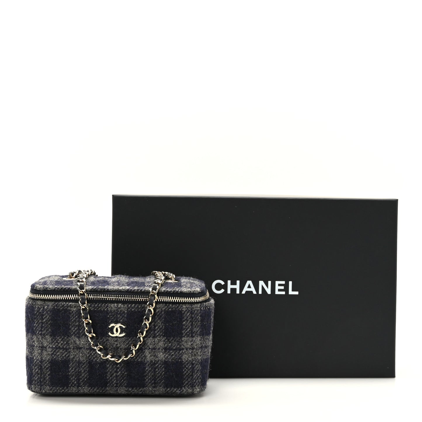 Wool Plaid Quilted Small Vanity Case With Chain Blue