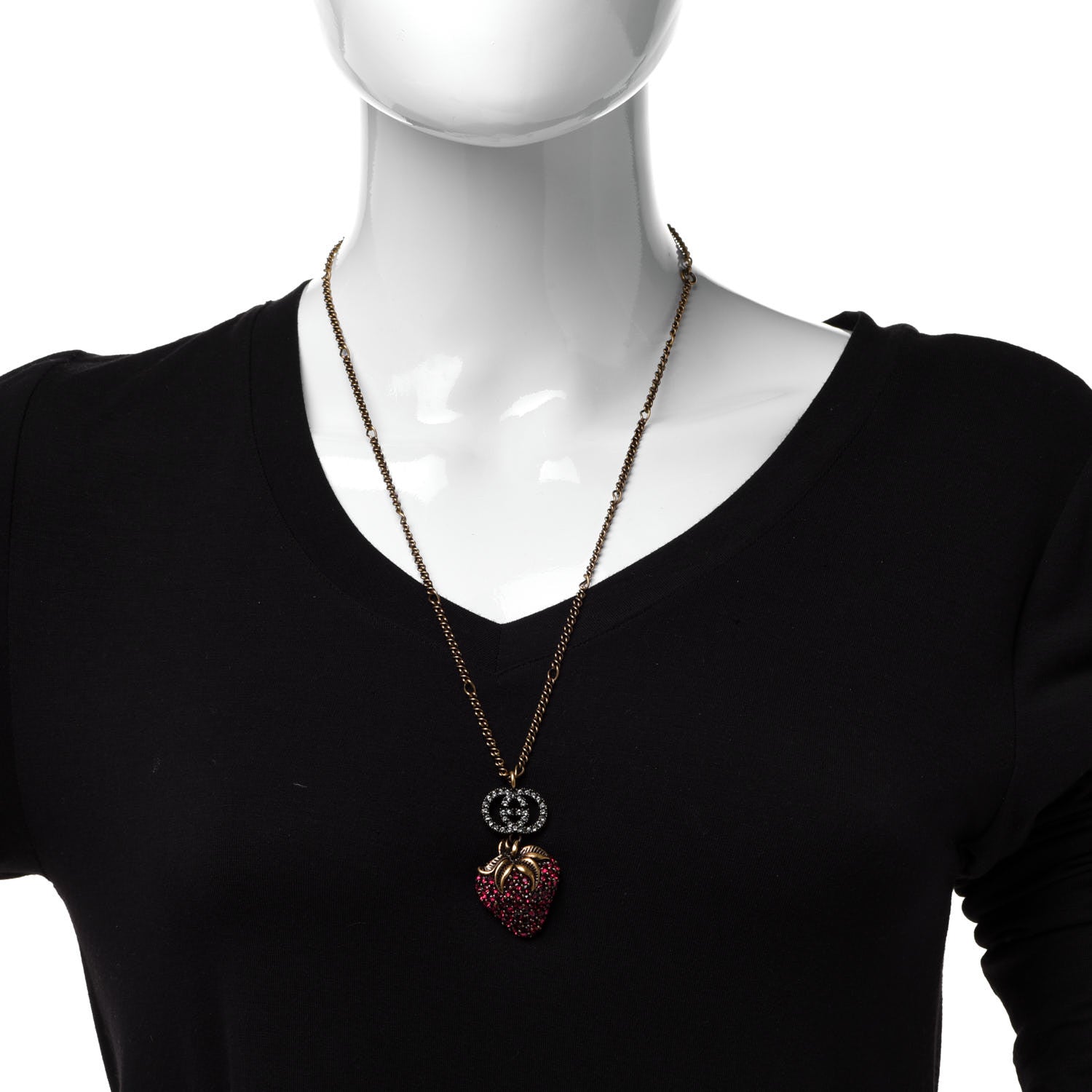 Gucci Crystal Embellished Strawberry Necklace Red Aged Gold 2 of 6
