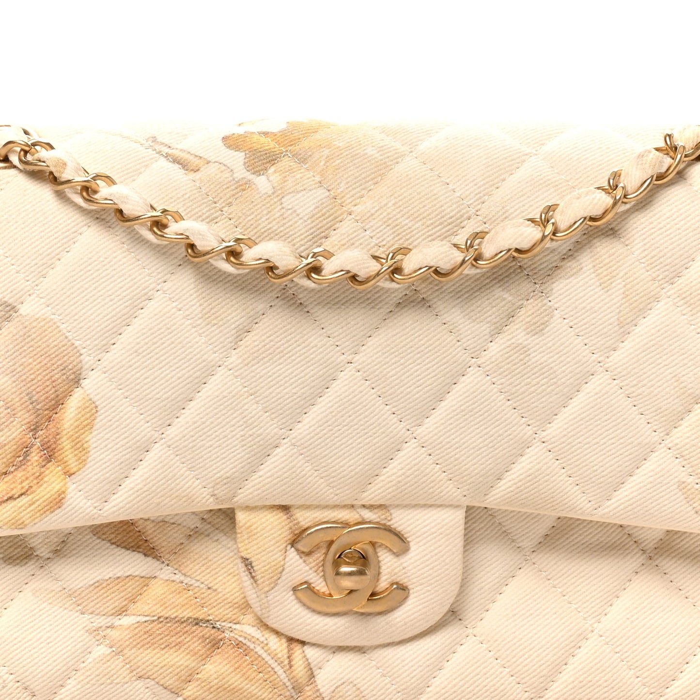 Denim Floral Printed Medium Double Flap Beige