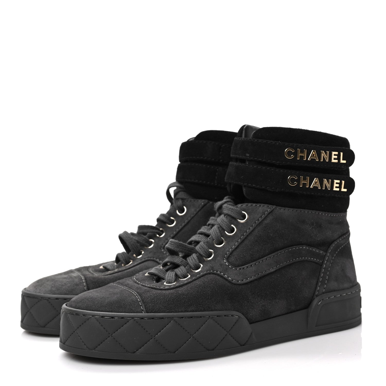 Chanel Suede Logo High Top Sneakers 37 Grey Black 3 of 8