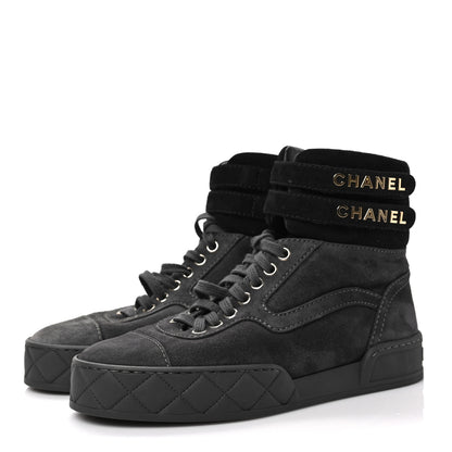 Chanel Suede Logo High Top Sneakers 37 Grey Black 3 of 8