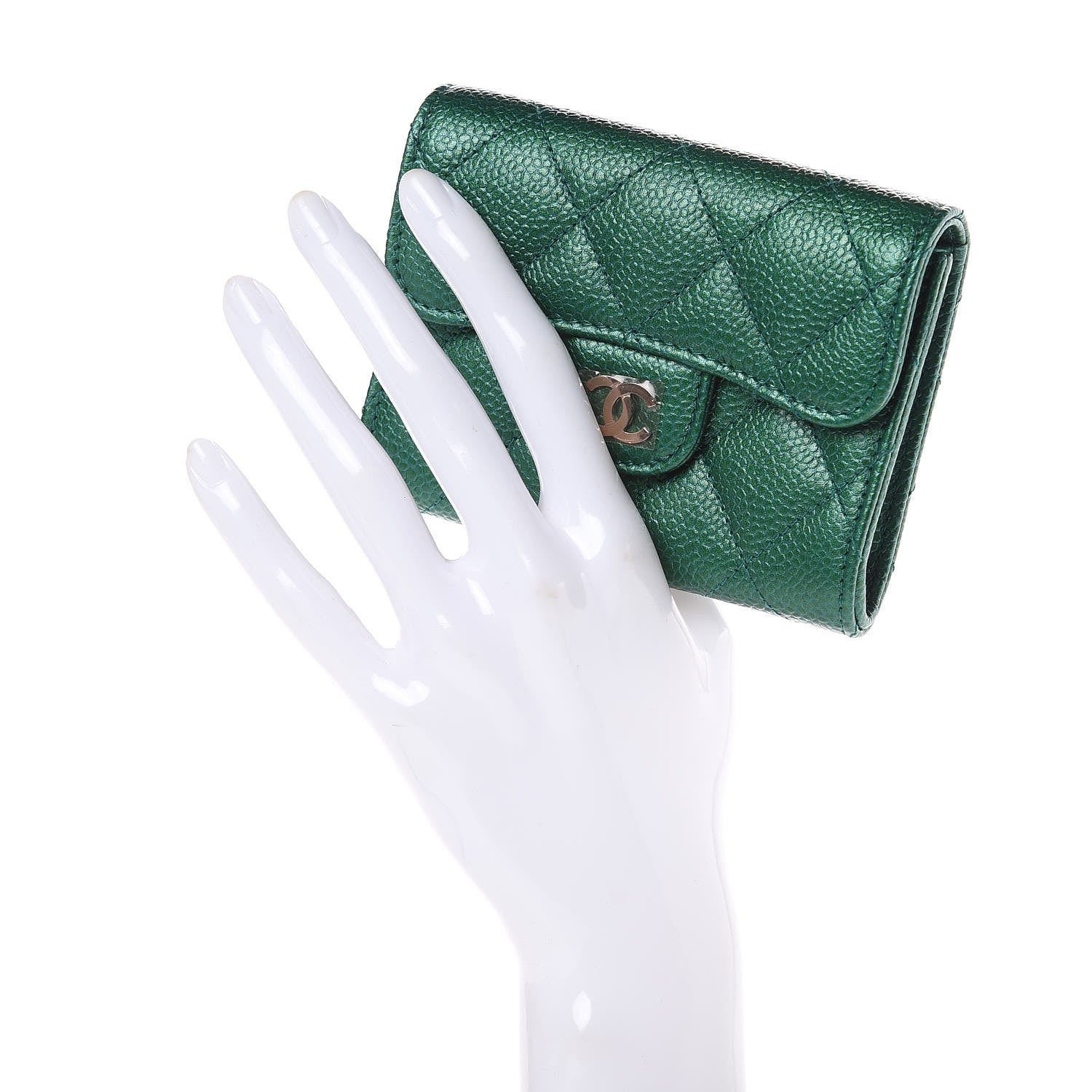 Chanel Metallic Caviar Quilted Card Holder Wallet Green 2 of 9