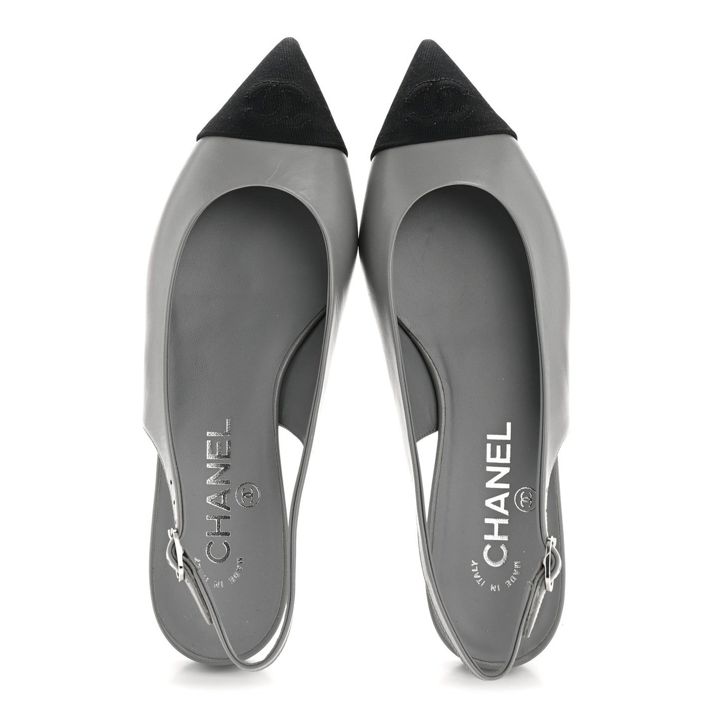 Goatskin Grosgrain Pointed Toe CC Slingback Flats 36 Gray Black