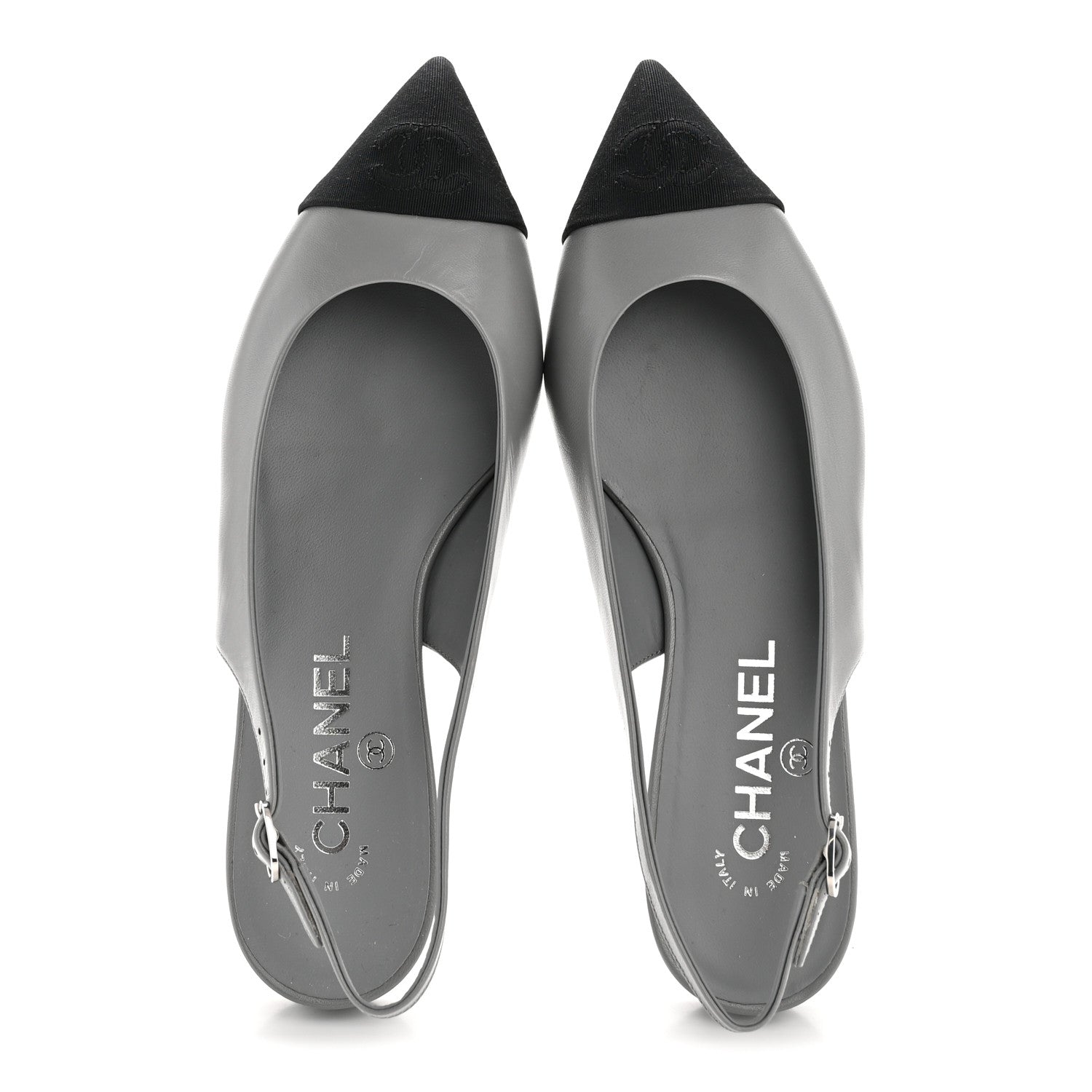 Chanel Goatskin Grosgrain Pointed Toe CC Slingback Flats 36 Gray Black 5 of 27