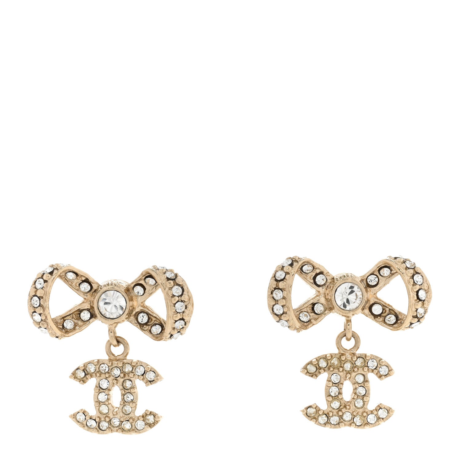 Chanel Crystal CC Bow Drop Earrings Gold 1 of 4