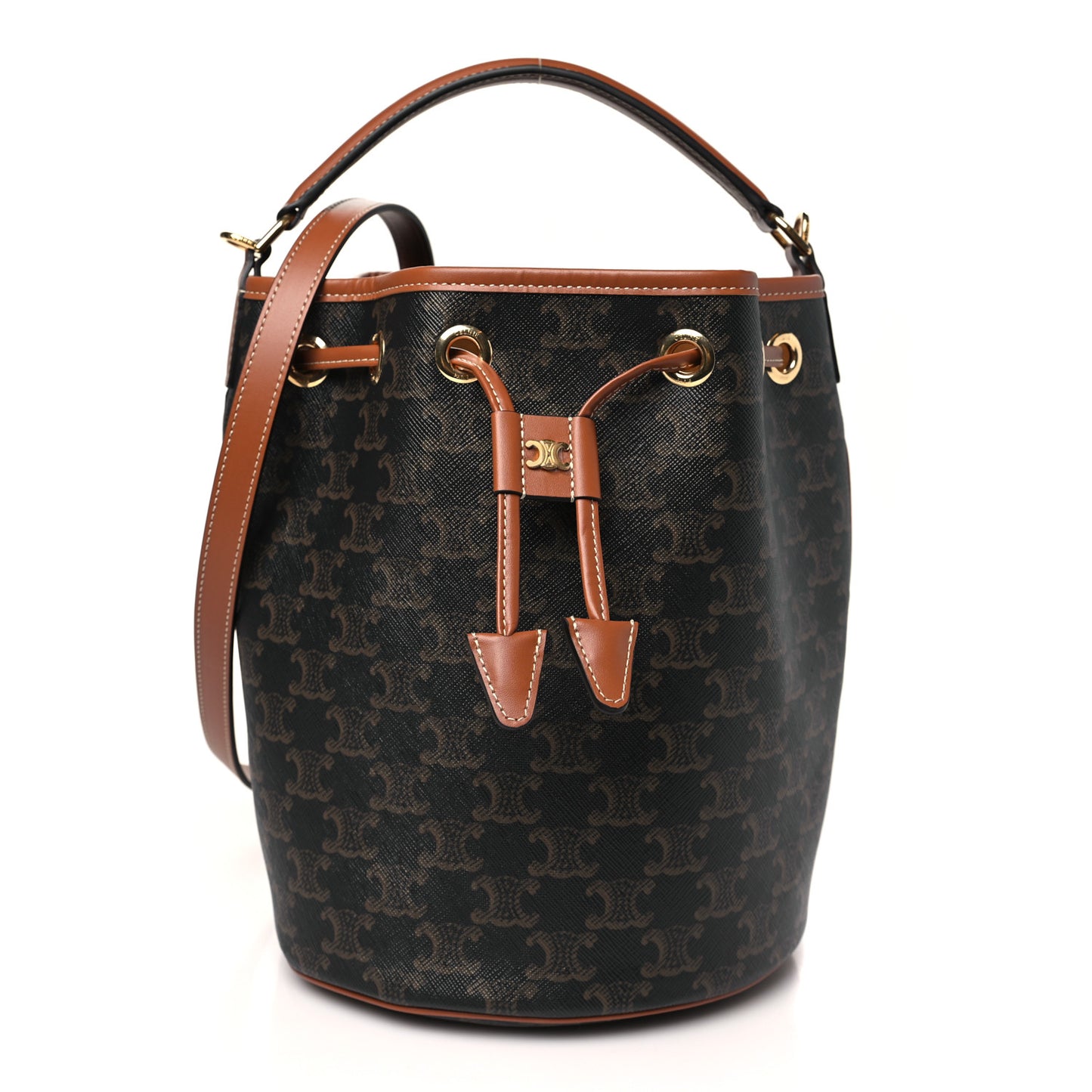 Triomphe Canvas Calfskin Clara Drawstring Bucket Bag Tan