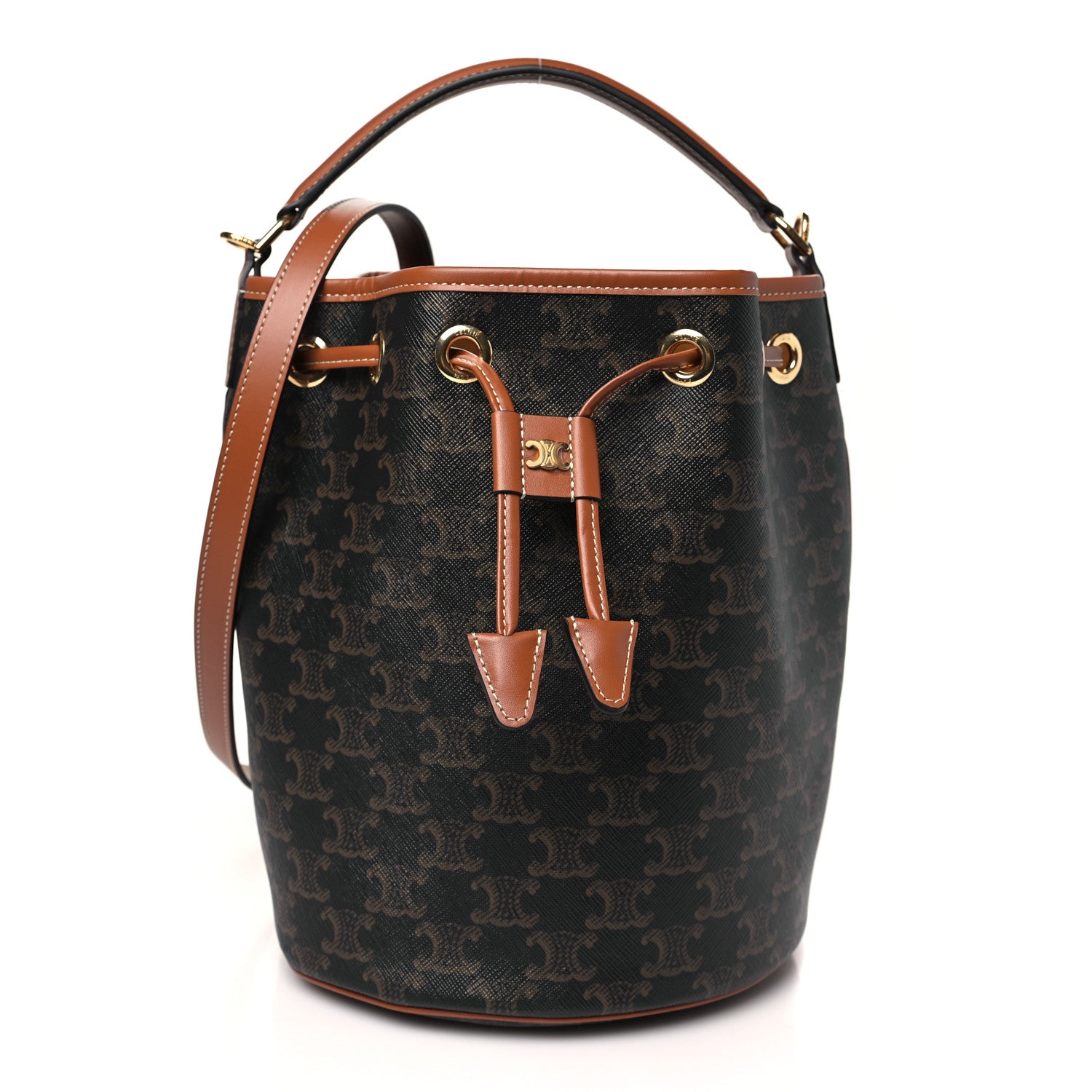 Celine Triomphe Canvas Calfskin Clara Drawstring Bucket Bag Tan 1 of 9