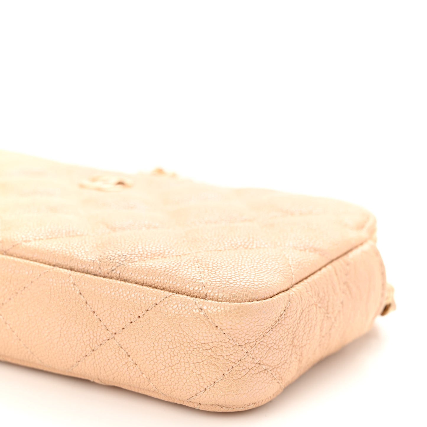 Iridescent Caviar Quilted Small Clutch With Chain Beige