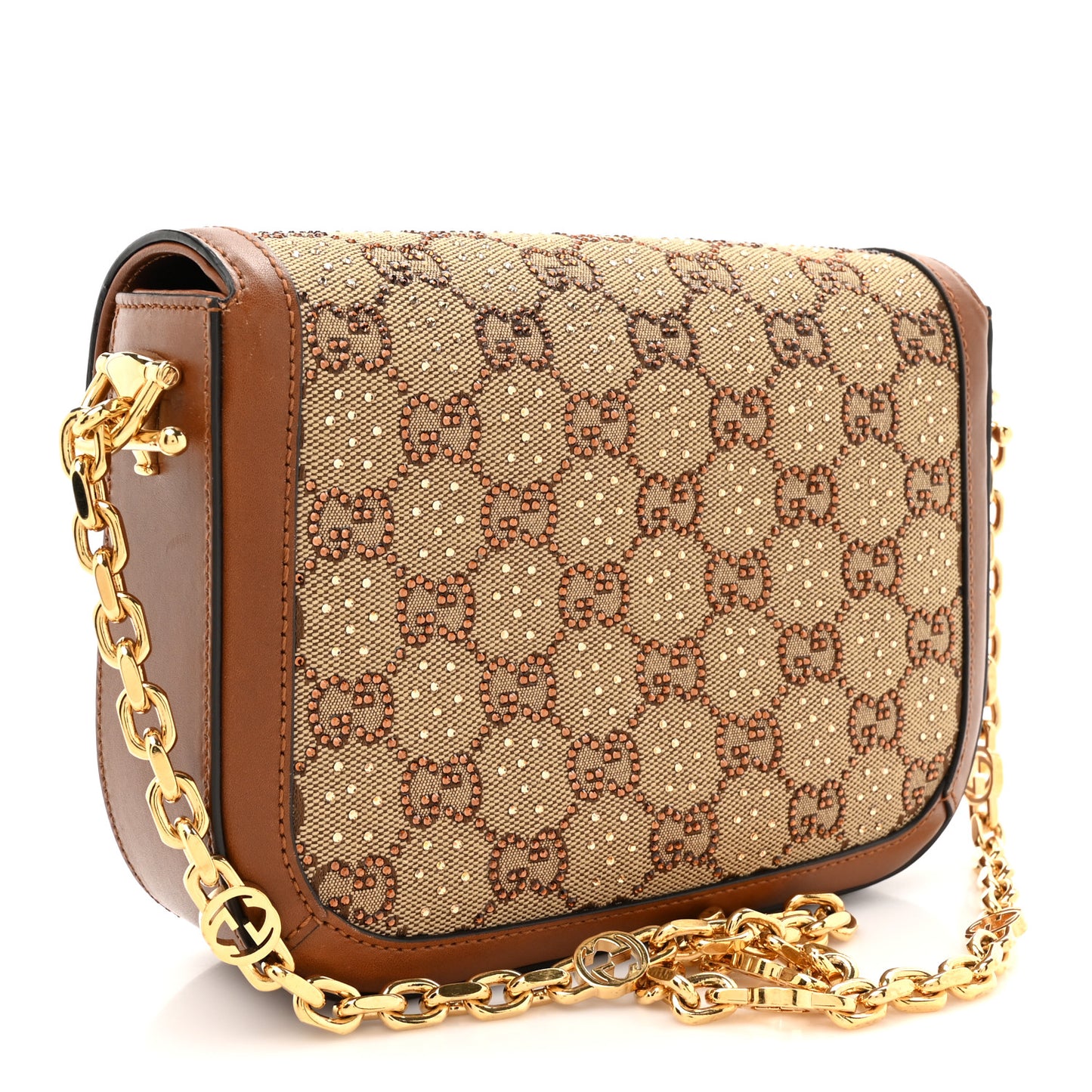 New Canvas Charisma Calfskin Crystal GG Monogram Mini Horsebit 1955 Shoulder Bag Camel Ebony