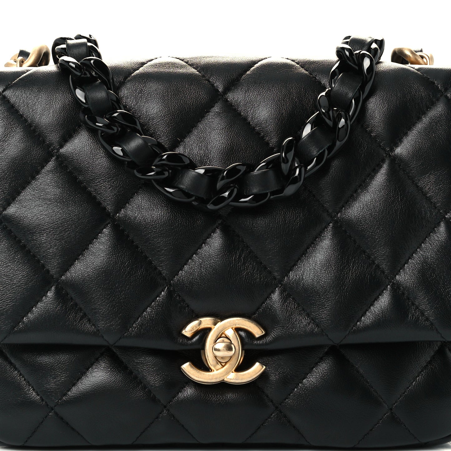 Lambskin Quilted Small Lacquered Chain Flap Black