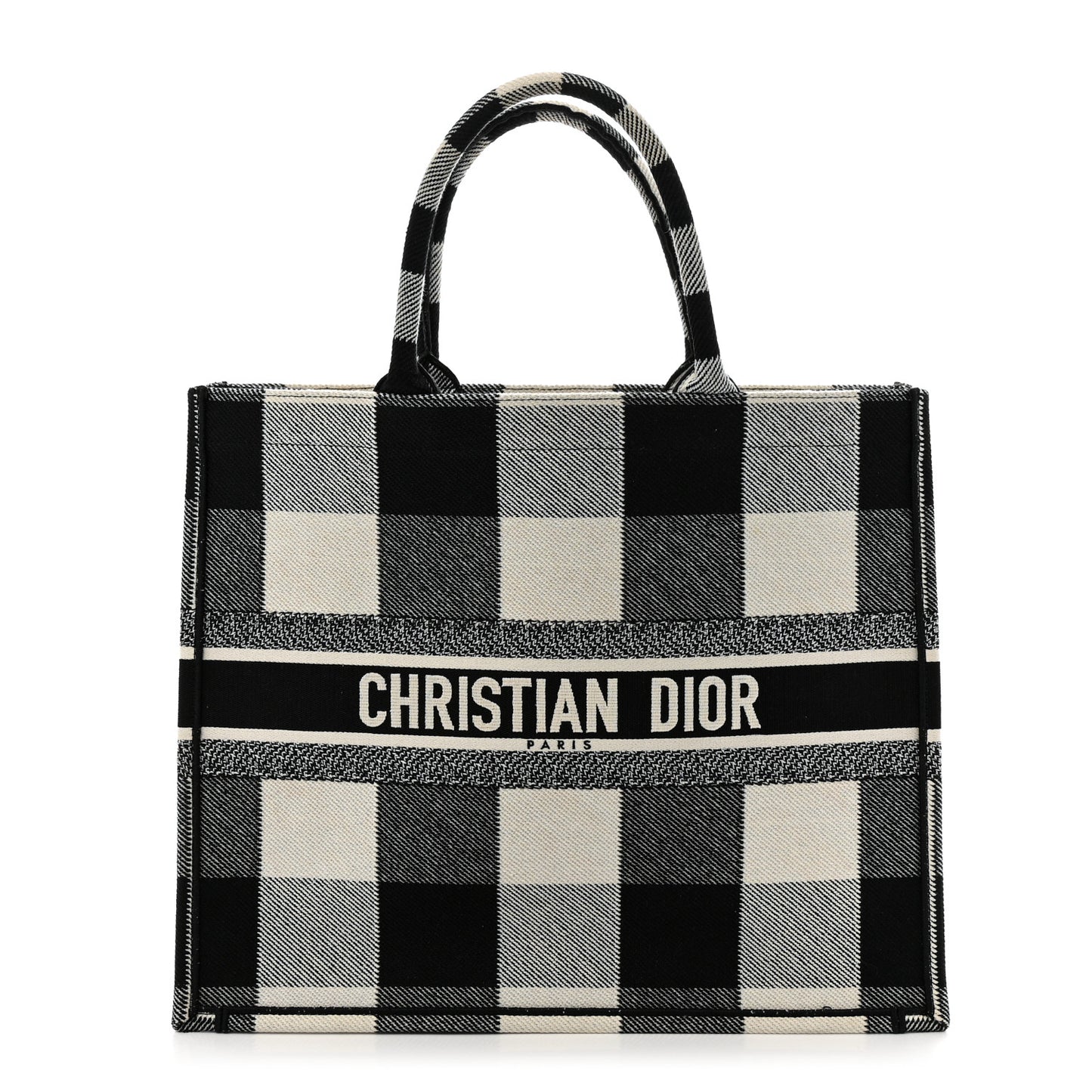 Canvas Embroidered Checkered Book Tote Black White