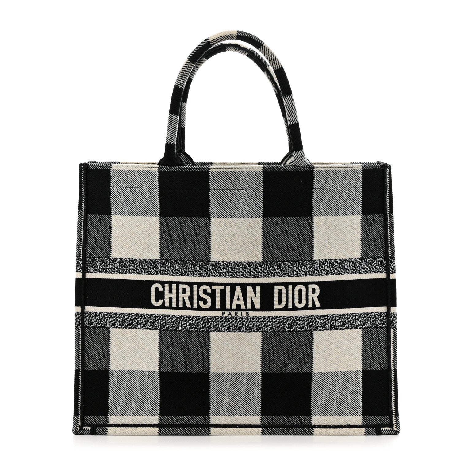 Christian Dior Canvas Embroidered Checkered Book Tote Black White 1 of 13