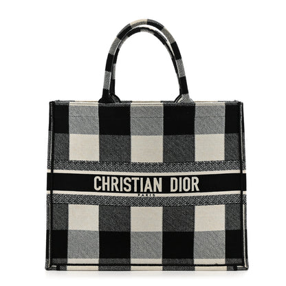 Christian Dior Canvas Embroidered Checkered Book Tote Black White 1 of 13