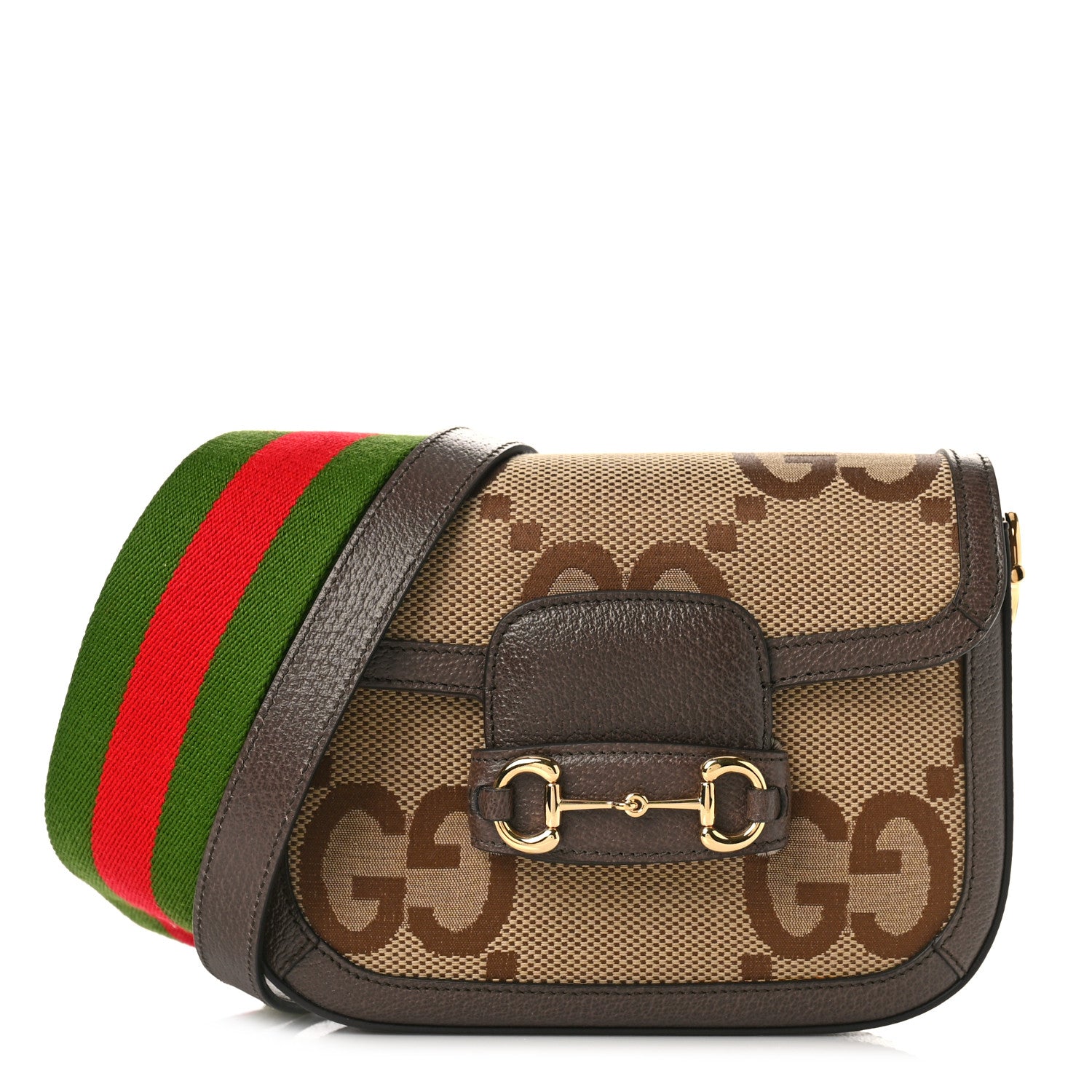 Gucci Monogram Jumbo GG Textured Dollar Calfskin Web Mini Horsebit 1955 Shoulder Bag Camel Ebony New Acero 1 of 8
