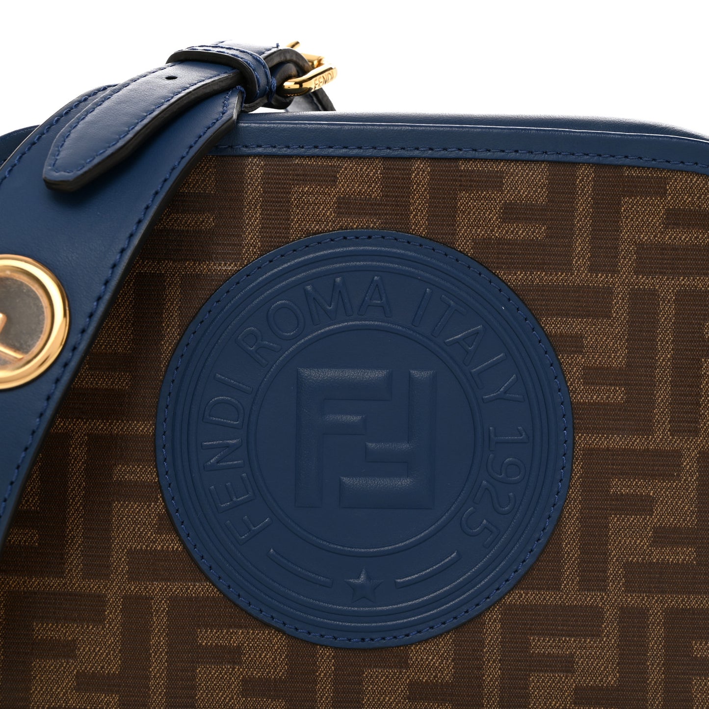 Glazed Fabric Vitello Century F is Fendi FF 1974 Stamp Patch Camera Case Mogano Panna Iris