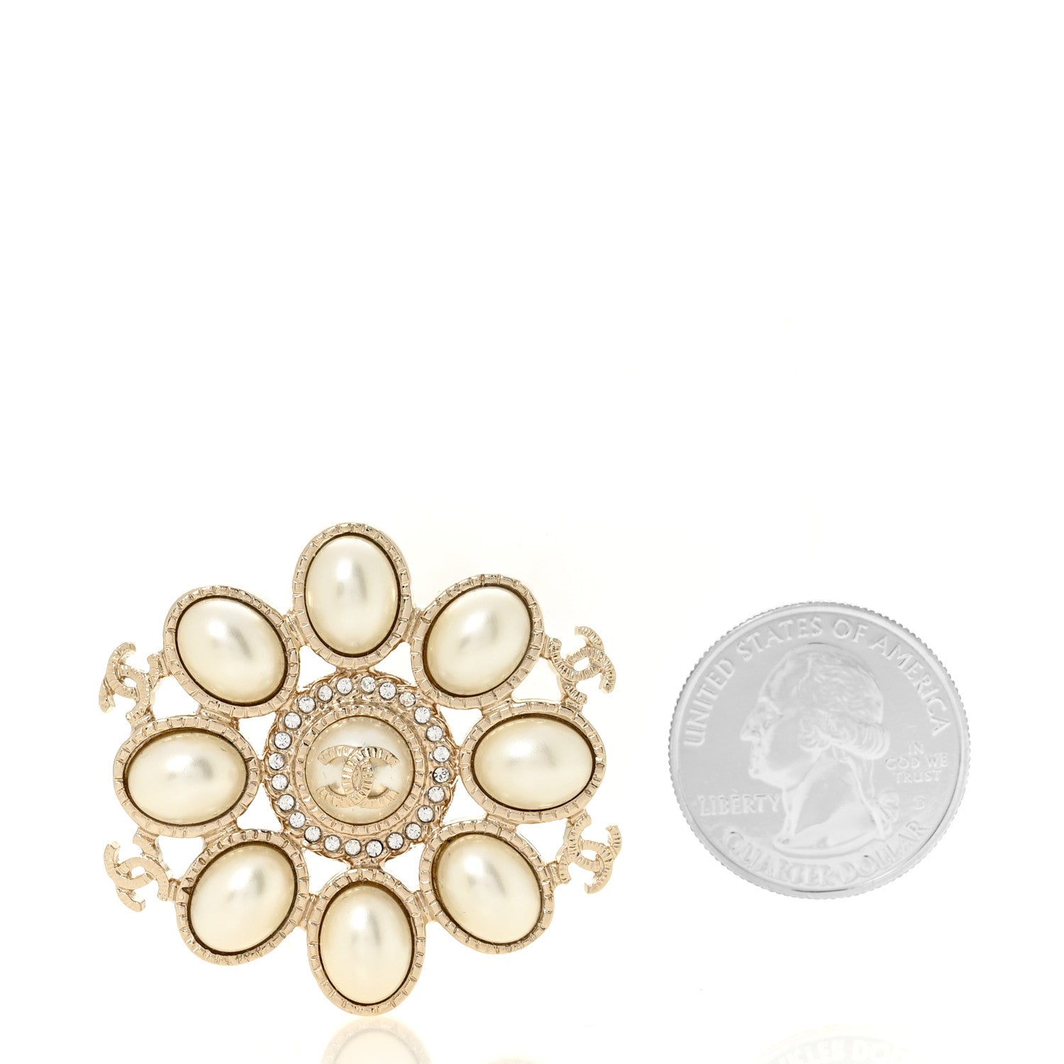 Chanel Pearl Crystal CC Brooch Pearly White Gold 2 of 4