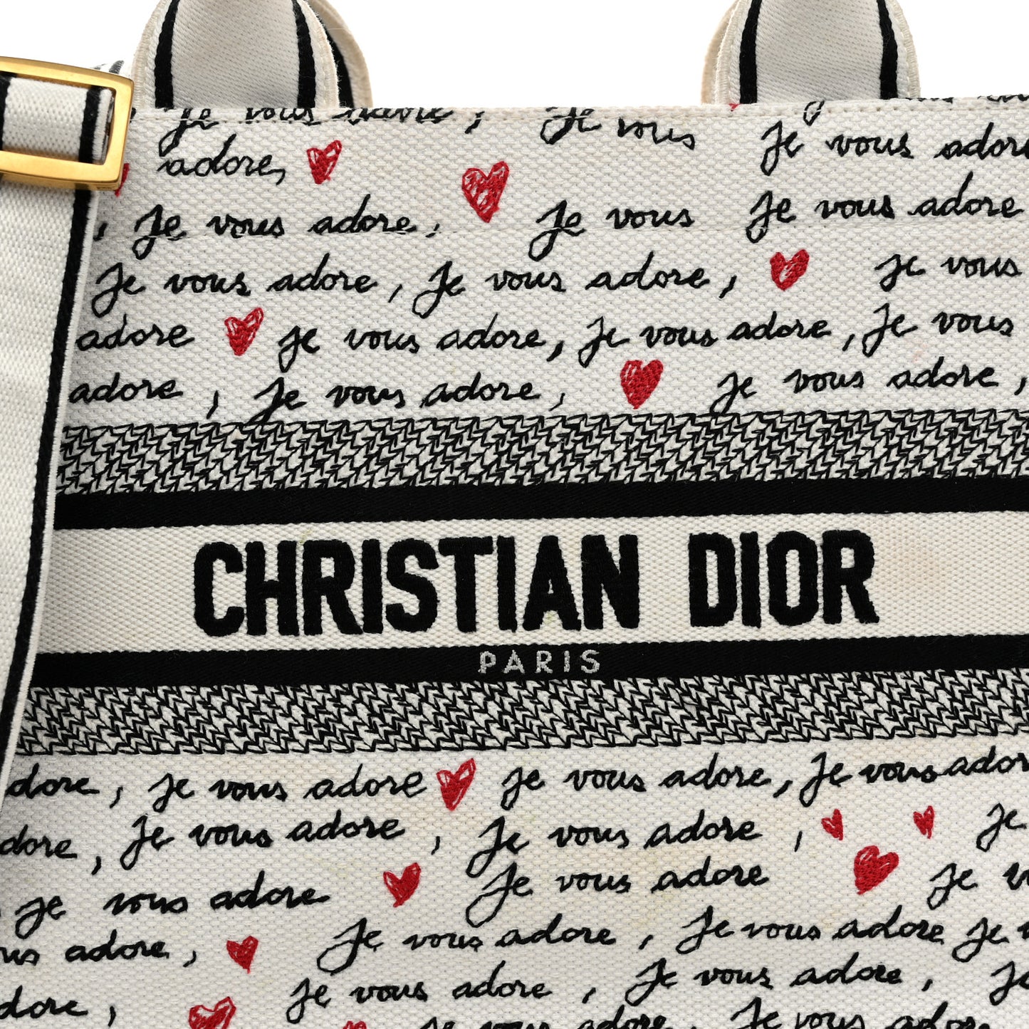 Calfskin Canvas Embroidered Small Dioramour Je Vous Adore Book Tote With Strap White Black Red