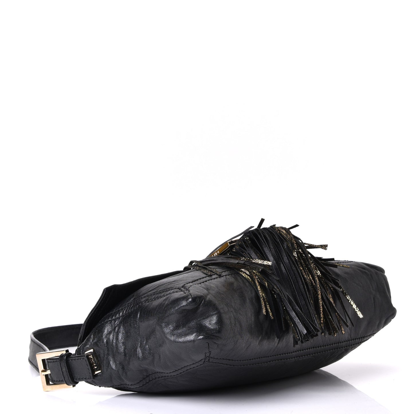 Crumpled Calfskin Fringe Medium Convertible Baguette Black