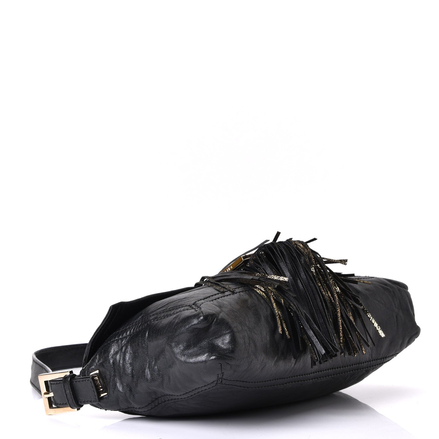 Fendi Crumpled Calfskin Fringe Medium Convertible Baguette Black 3 of 5