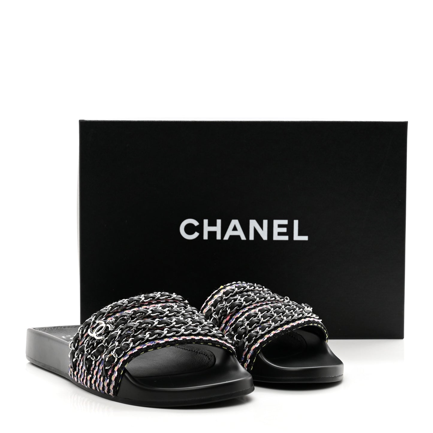 Tweed Lambskin Chain Flat Sandals 38 Black Multicolor