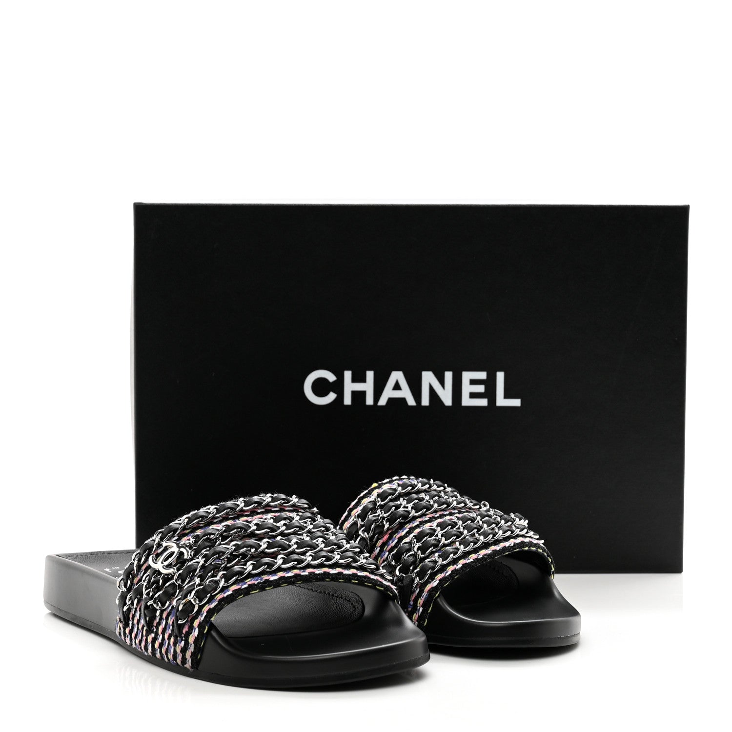 Chanel Tweed Lambskin Chain Flat Sandals 38 Black Multicolor 9 of 9